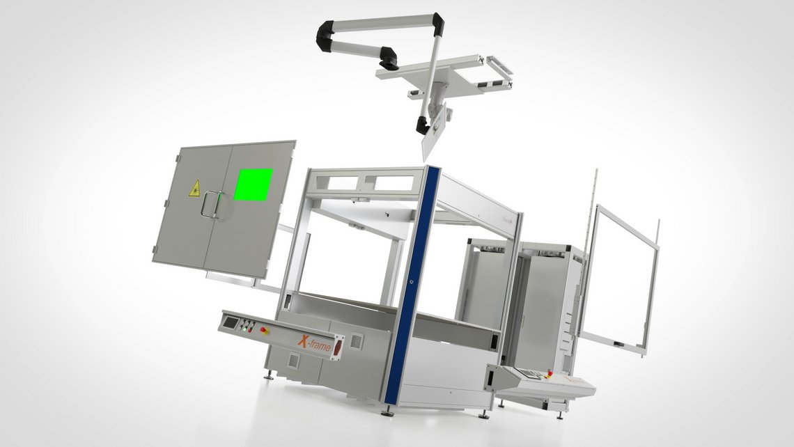 Das Bild zeigt ein x-frame Maschinengestell in seiner Zusammensetzung.